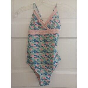 Vineyard Vines whales swimsuit 1-piece girls S 7/8 pink blue X-back preppy